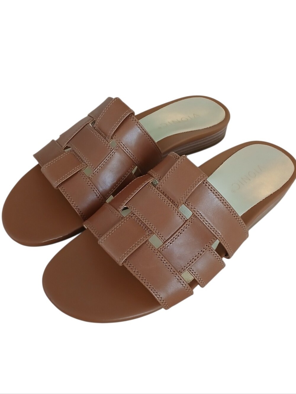VIONIC Glendora Woven Leather Slide Sandals Women's 8.5 Tan Quiet Luxury Comfort
